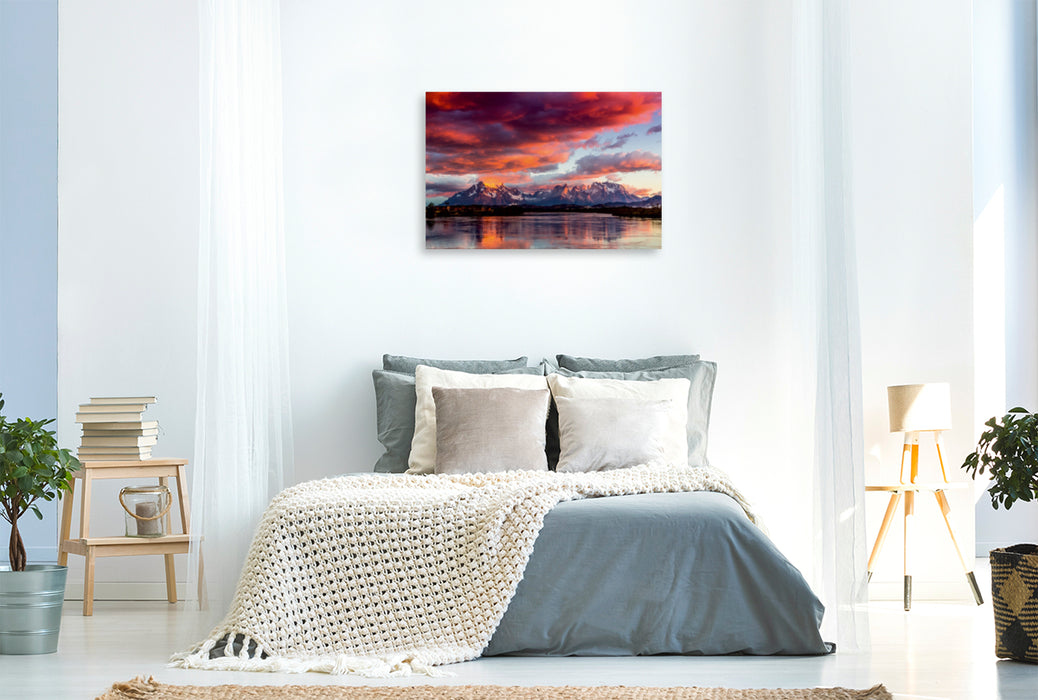 Premium Textil-Leinwand Premium Textil-Leinwand 120 cm x 80 cm quer Sonnenaufgang im Torres Del Paine