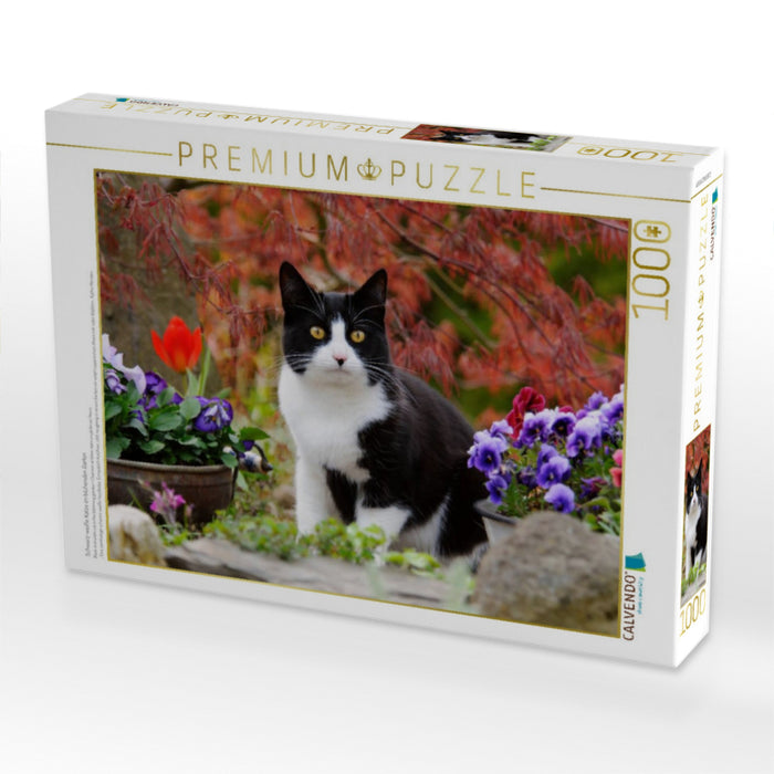 Schwarz-weiße Katze im blühenden Garten - CALVENDO Foto-Puzzle'