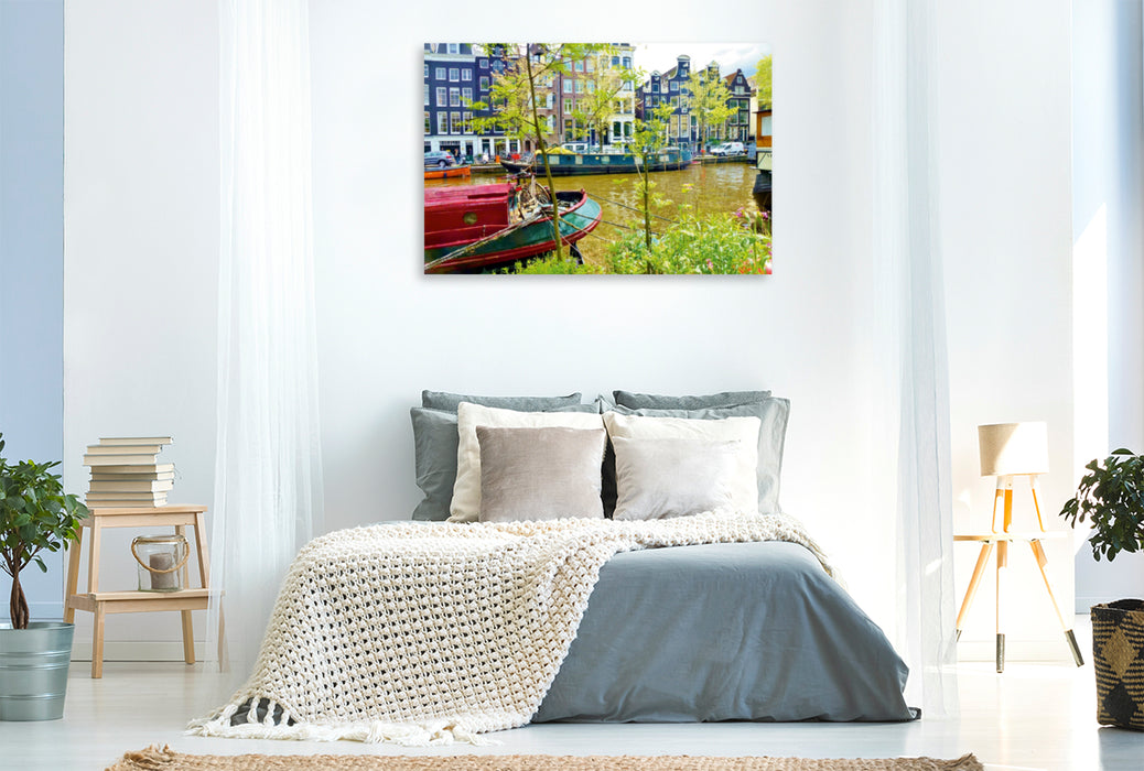 Premium Textil-Leinwand Premium Textil-Leinwand 120 cm x 80 cm quer Amsterdam - Hausboote an der Prinsengracht