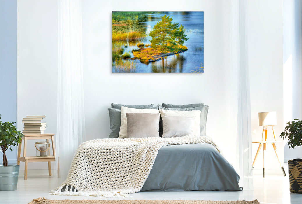 Toile textile haut de gamme Toile textile haut de gamme 120 cm x 80 cm paysage Longing Suède - île avec des arbres dans le plus grand lac de Suède - Vänern 