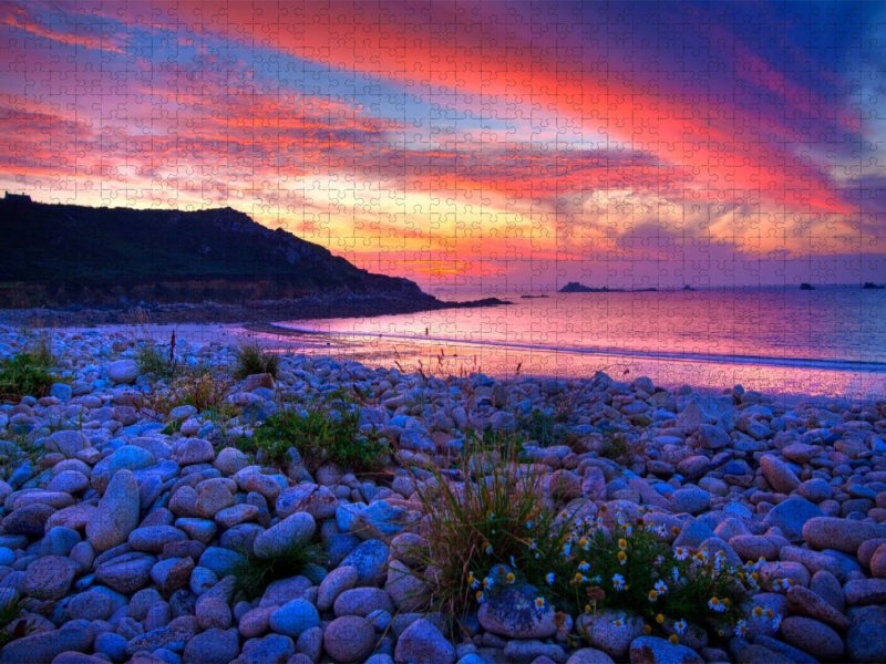 Sehnsucht Bretagne - Farbenprächtiger Sonnenuntergang am Strand von Guerzit im Département Finistére - CALVENDO Foto-Puzzle'