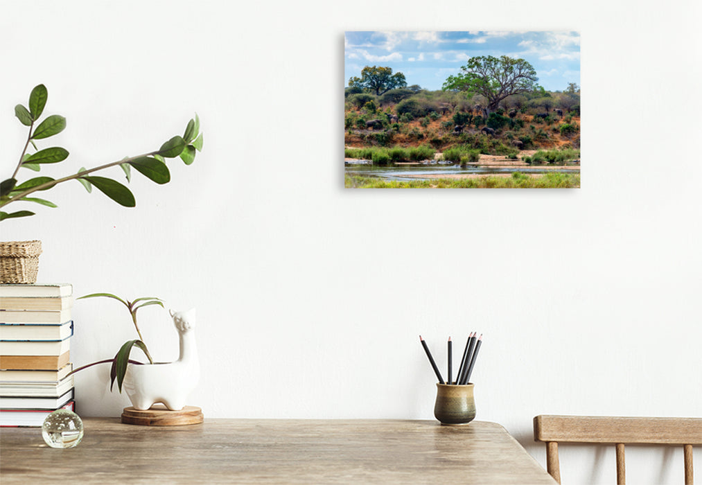 Toile textile haut de gamme Toile textile haut de gamme 120 cm x 80 cm paysage paysage fluvial avec troupeau d'éléphants près de Skukuza, parc national Kruger 