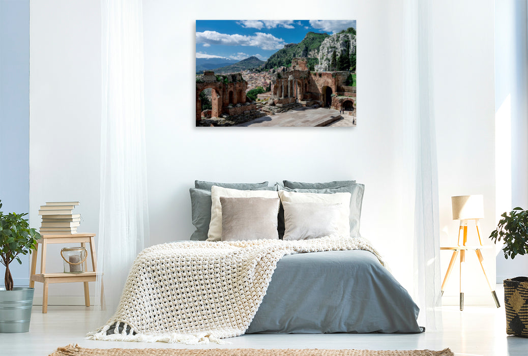 Toile textile premium Toile textile premium 120 cm x 80 cm paysage Teatro Greco avec Etna en arrière-plan, Taormina 