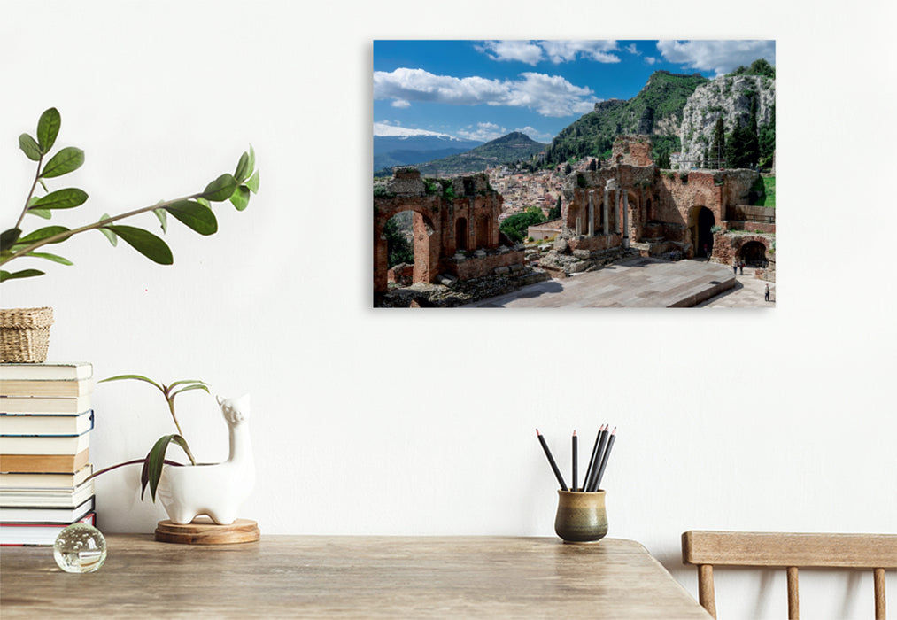 Toile textile premium Toile textile premium 120 cm x 80 cm paysage Teatro Greco avec Etna en arrière-plan, Taormina 