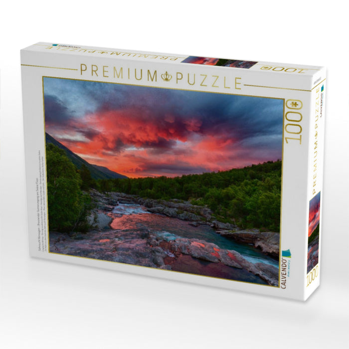 Sehnsucht Norwegen - Brennender Sonnerungang am Svåne Fluss - CALVENDO Foto-Puzzle'