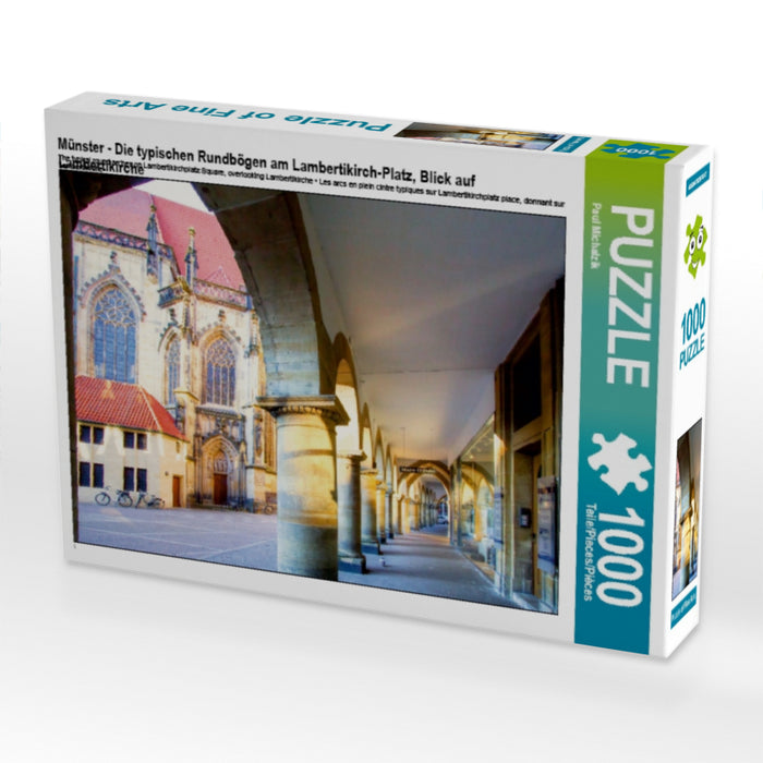 Münster - Die typischen Rundbögen am Lambertikirch-Platz, Blick auf Lambertikirche 1000 Teile Puzzle quer - CALVENDO Foto-Puzzle'