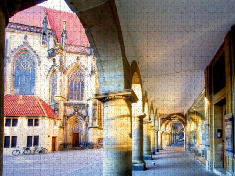 Münster - Die typischen Rundbögen am Lambertikirch-Platz, Blick auf Lambertikirche 1000 Teile Puzzle quer - CALVENDO Foto-Puzzle'