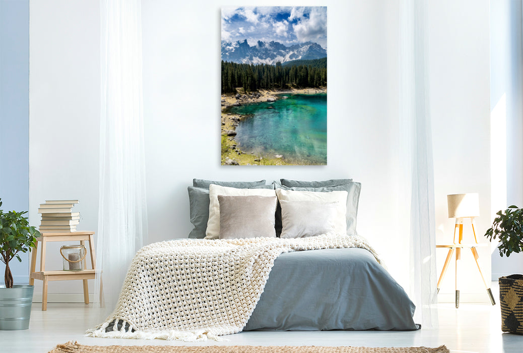 Toile textile haut de gamme Toile textile haut de gamme 80 cm x 120 cm de haut Lac Karerssee avec paysage de montagne 