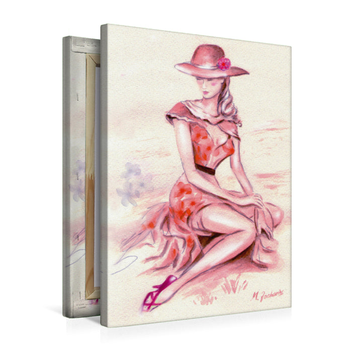 Premium Textil-Leinwand Premium Textil-Leinwand 50 cm x 75 cm hoch Träumende Lady mit Hut