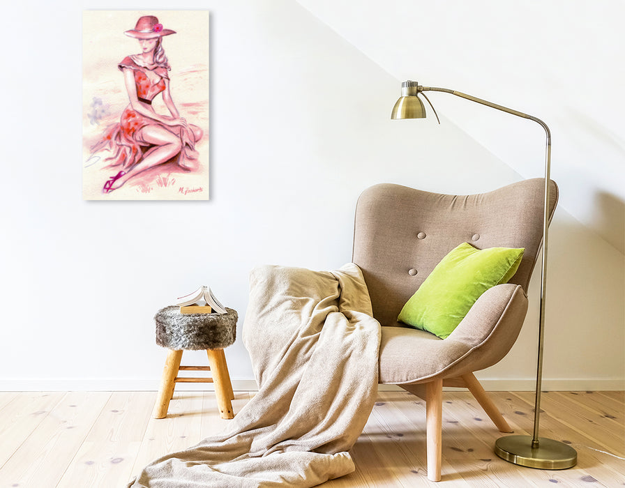 Premium Textil-Leinwand Premium Textil-Leinwand 50 cm x 75 cm hoch Träumende Lady mit Hut