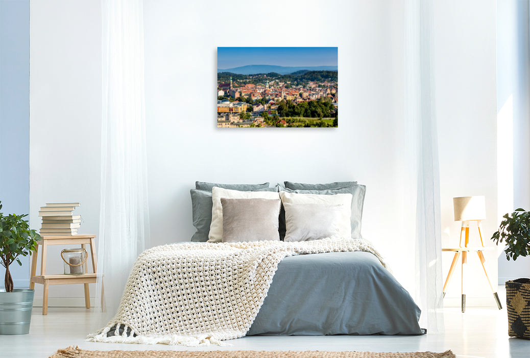 Premium Textil-Leinwand Premium Textil-Leinwand 120 cm x 80 cm quer Aussicht vom Kaiserturm auf Hirschberg und die Umgebung