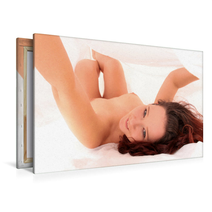 Premium Textil-Leinwand Premium Textil-Leinwand 120 cm x 80 cm quer Nackter Zauber unter der Bettdecke