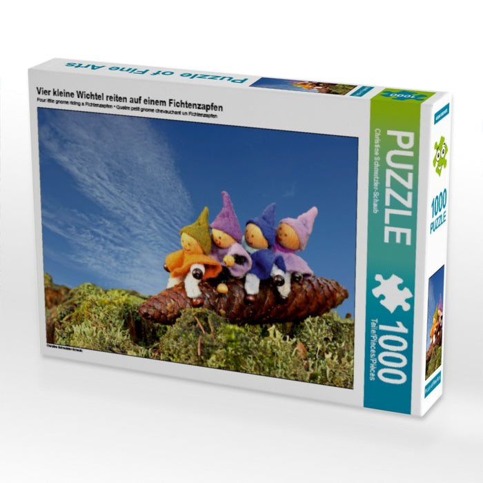 Vier kleine Wichtel reiten auf einem Fichtenzapfen 1000 Teile Puzzle quer - CALVENDO Foto-Puzzle'