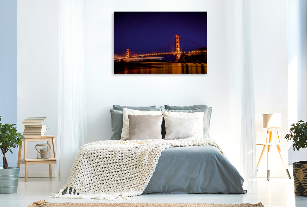 Premium Textil-Leinwand Premium Textil-Leinwand 120 cm x 80 cm quer Golden Gate Bridge mit Sternenhimmel