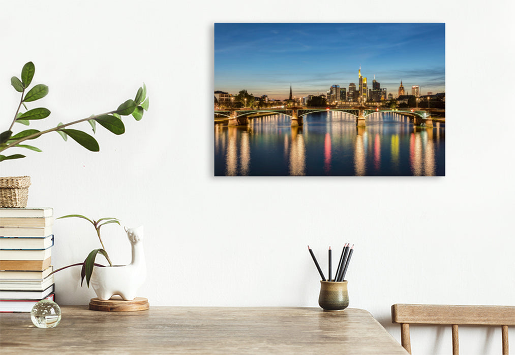 Premium textile canvas Premium textile canvas 120 cm x 80 cm landscape Skyline Frankfurt and Ignatz Bubis Bridge 