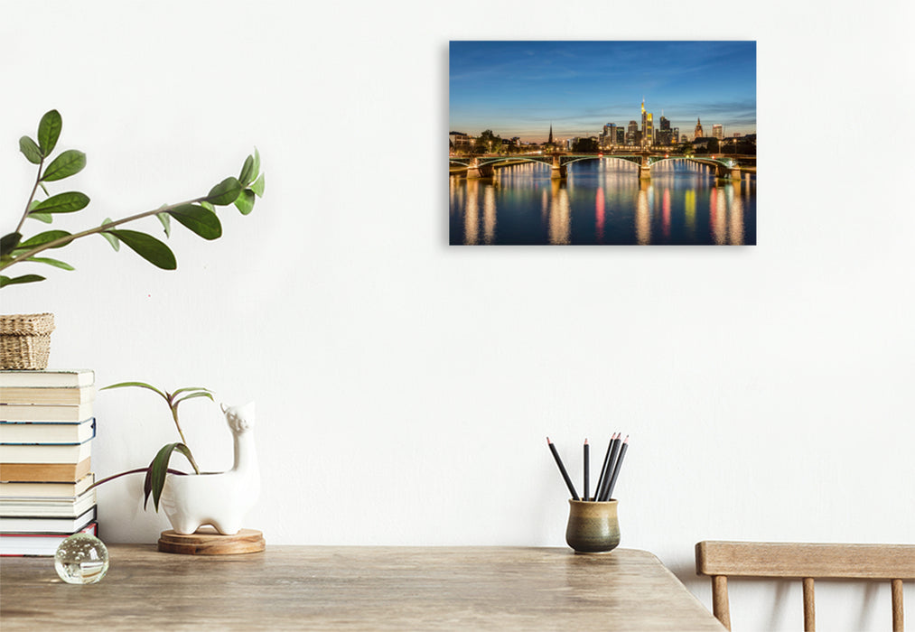 Premium textile canvas Premium textile canvas 120 cm x 80 cm landscape Skyline Frankfurt and Ignatz Bubis Bridge 