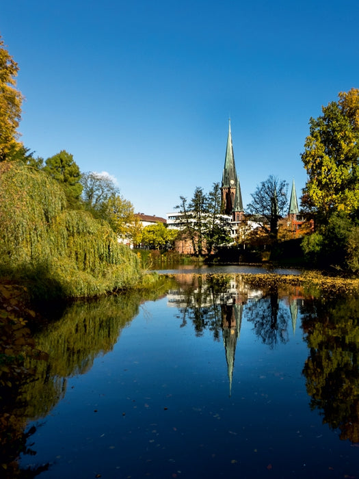 Schloßteich mit St. Lambertikirche 1000 Teile Puzzle hoch - CALVENDO Foto-Puzzle'