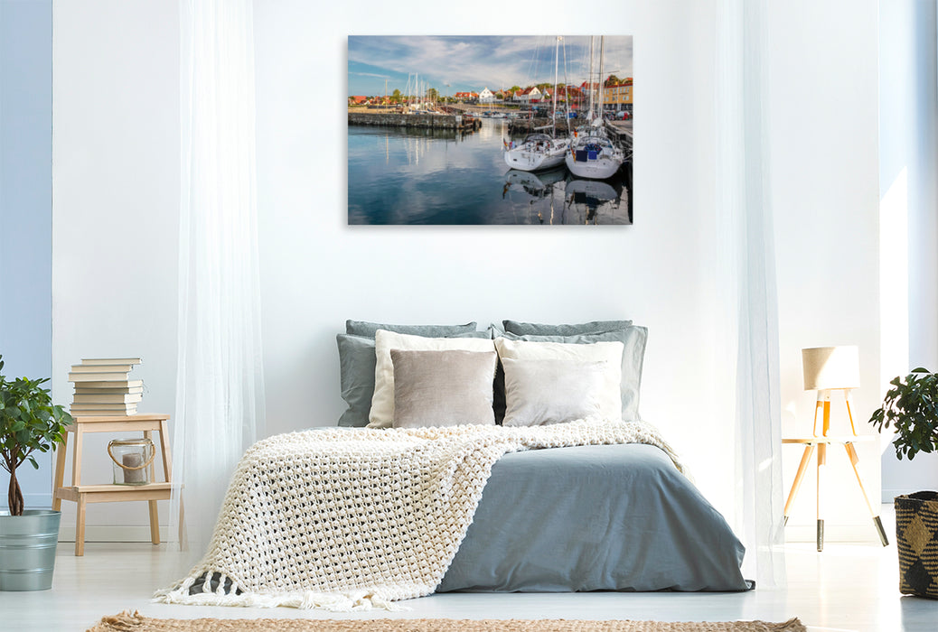 Premium textile canvas Premium textile canvas 120 cm x 80 cm landscape Sailing boats in the harbor of Svaneke on Bornholm 