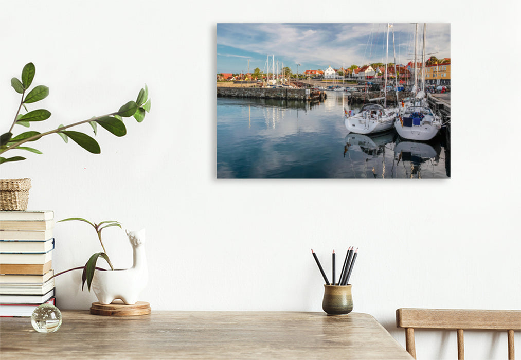 Premium textile canvas Premium textile canvas 120 cm x 80 cm landscape Sailing boats in the harbor of Svaneke on Bornholm 