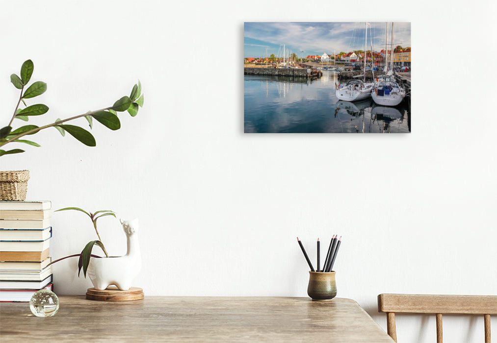 Premium textile canvas Premium textile canvas 120 cm x 80 cm landscape Sailing boats in the harbor of Svaneke on Bornholm 