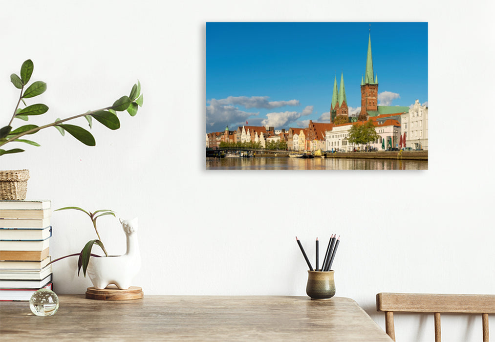 Premium Textil-Leinwand Premium Textil-Leinwand 120 cm x 80 cm quer Blick von der Trave auf die Altstadt