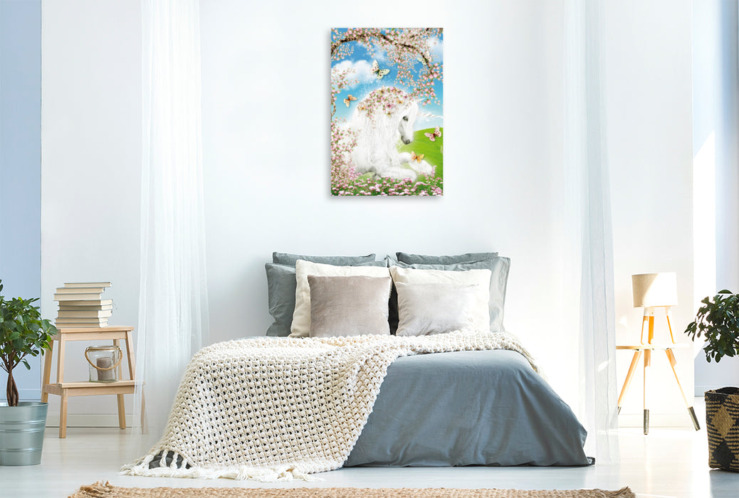 Toile textile premium Toile textile premium 80 cm x 120 cm de haut Licorne de rêve de fleurs 