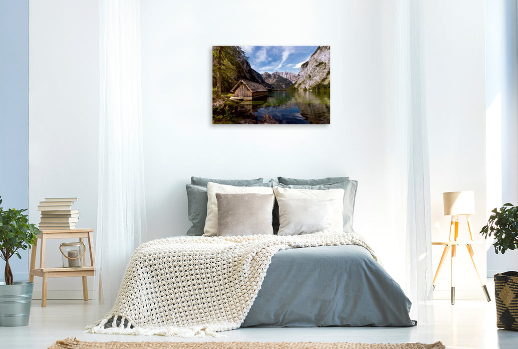 Premium Textil-Leinwand Premium Textil-Leinwand 120 cm x 80 cm quer Obersee - Blick talauswärts auf die Hachelköpfe und den Watzmann