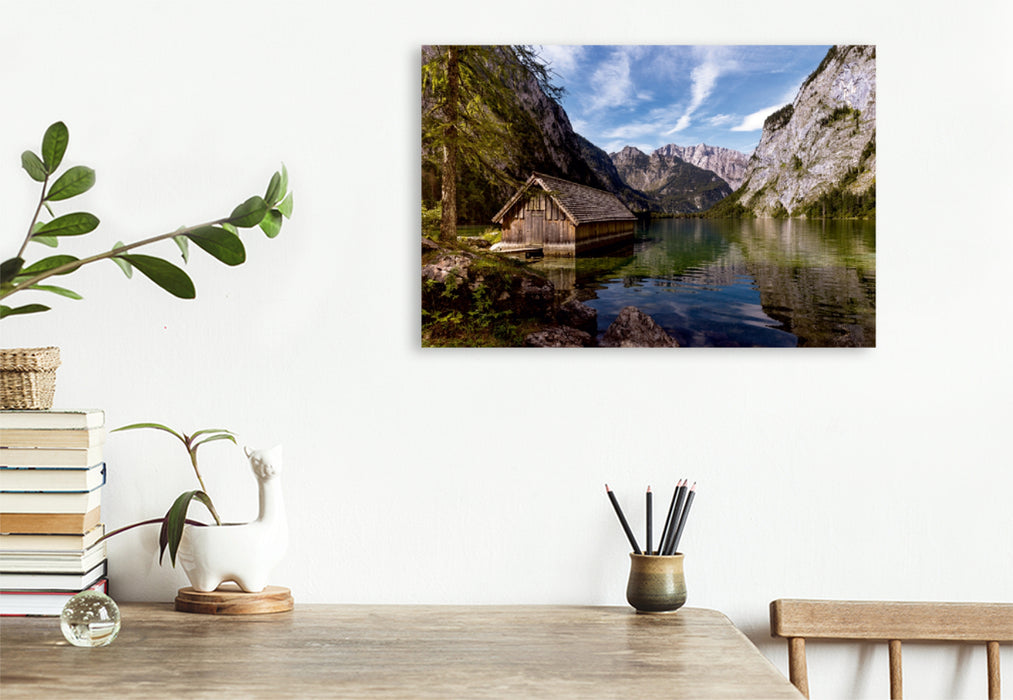 Premium Textil-Leinwand Premium Textil-Leinwand 120 cm x 80 cm quer Obersee - Blick talauswärts auf die Hachelköpfe und den Watzmann