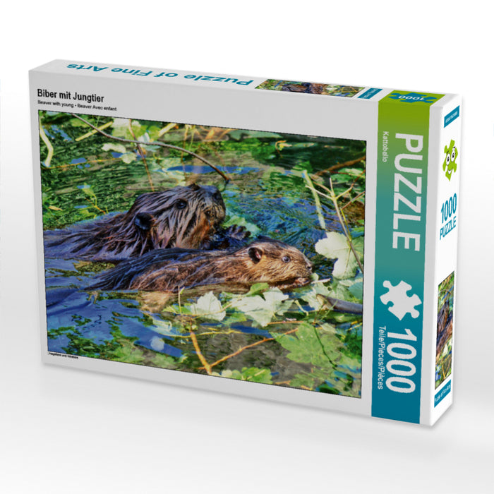 Biber mit Jungtier 1000 Teile Puzzle quer - CALVENDO Foto-Puzzle'