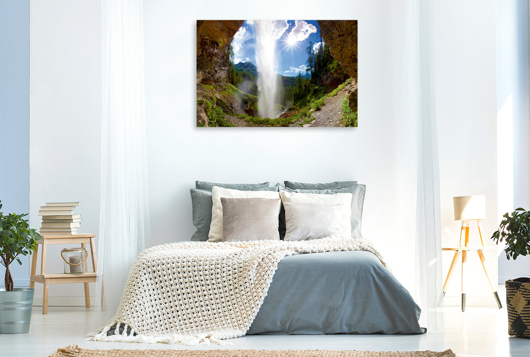 Premium Textil-Leinwand Premium Textil-Leinwand 120 cm x 80 cm quer Der Johannes Wasserfall im puren Sonnenschein