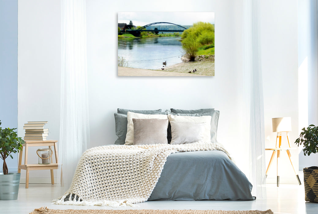 Toile textile haut de gamme Toile textile haut de gamme 120 cm x 80 cm sur le pont Weser Beverungen - Lauenförde 