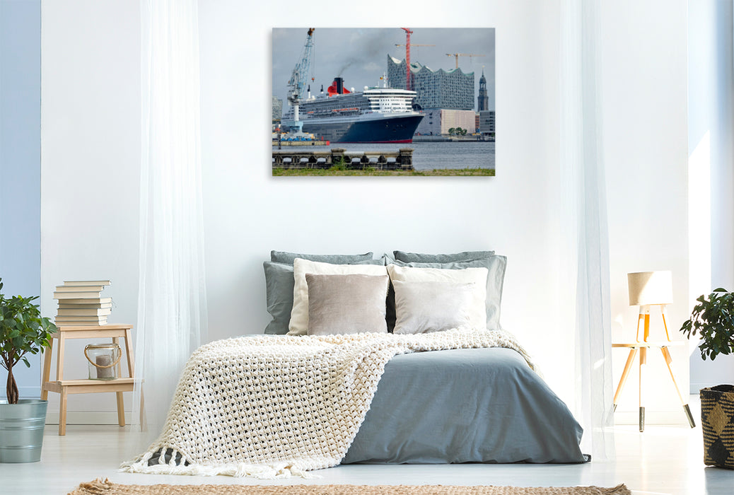 Premium Textil-Leinwand Premium Textil-Leinwand 120 cm x 80 cm quer Queen Mary 2 vor der Elbphilharmonie und St. Michaelis