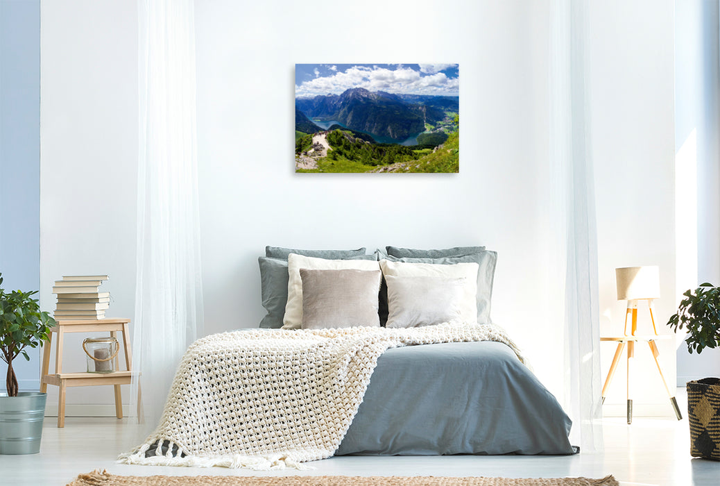 Premium Textil-Leinwand Premium Textil-Leinwand 120 cm x 80 cm quer Der Königssee im Berchtesgadener Land – Panoramablick vom Jenner in 1,874 m Höhe.