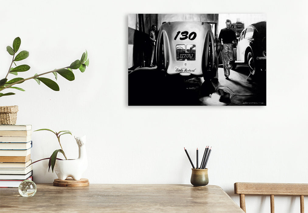 Premium Textil-Leinwand Premium Textil-Leinwand 120 cm x 80 cm quer James Dean mit seinem Porsche in der Werkstatt. Im Hintergrund Wolf Wütherich