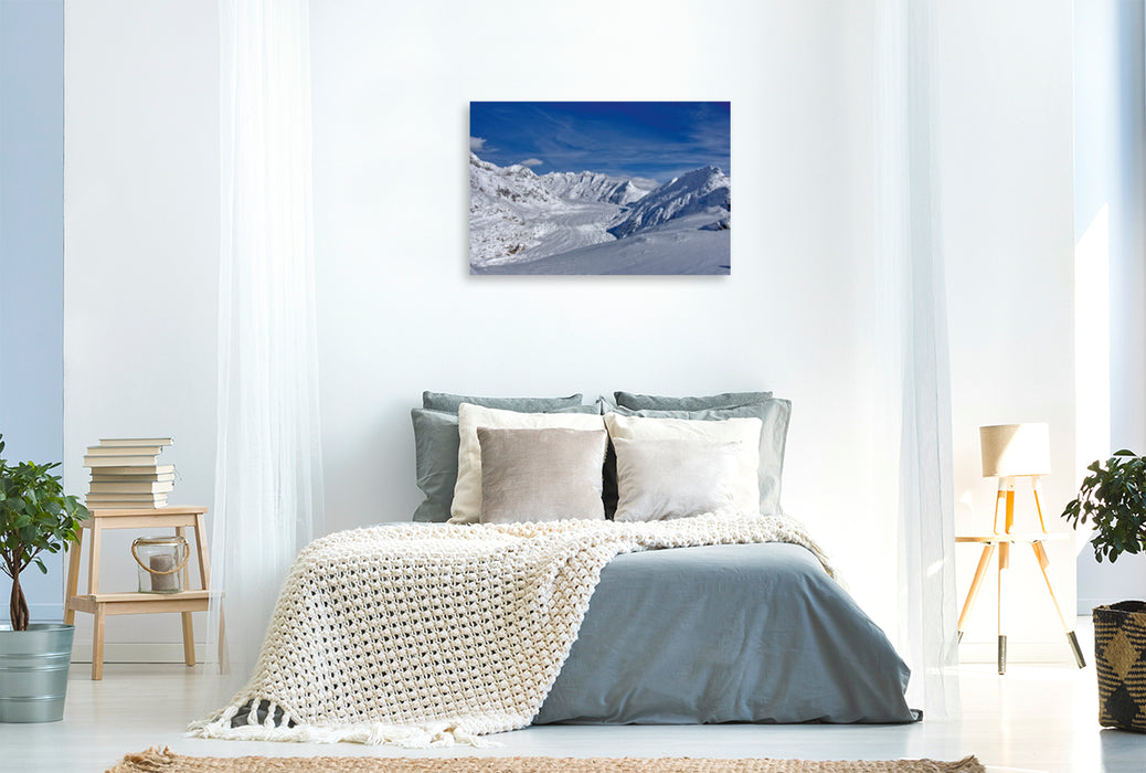 Premium Textil-Leinwand Premium Textil-Leinwand 120 cm x 80 cm quer Ein Motiv aus dem Kalender Der Grosse Aletschgletscher ist der flächenmässig grösste und längste Gletscher der Alpen.