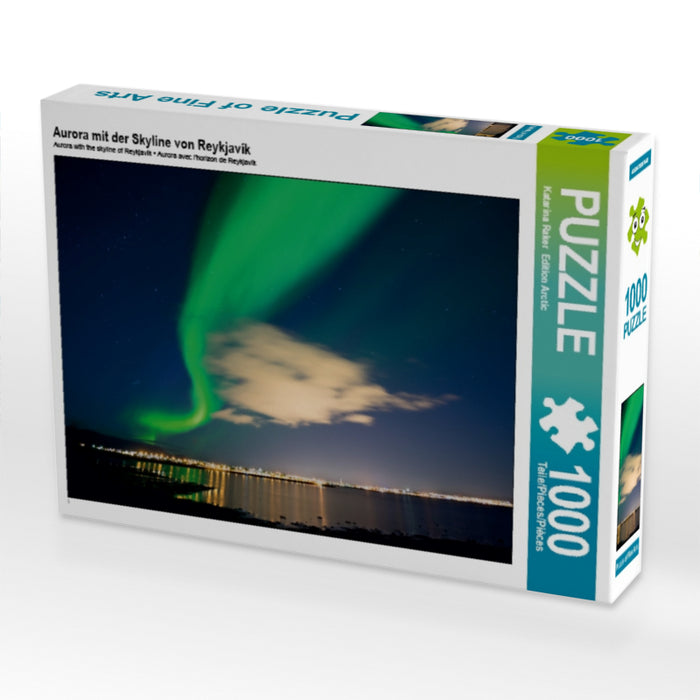 Aurora mit der Skyline von Reykjavík 1000 Teile Puzzle quer - CALVENDO Foto-Puzzle'