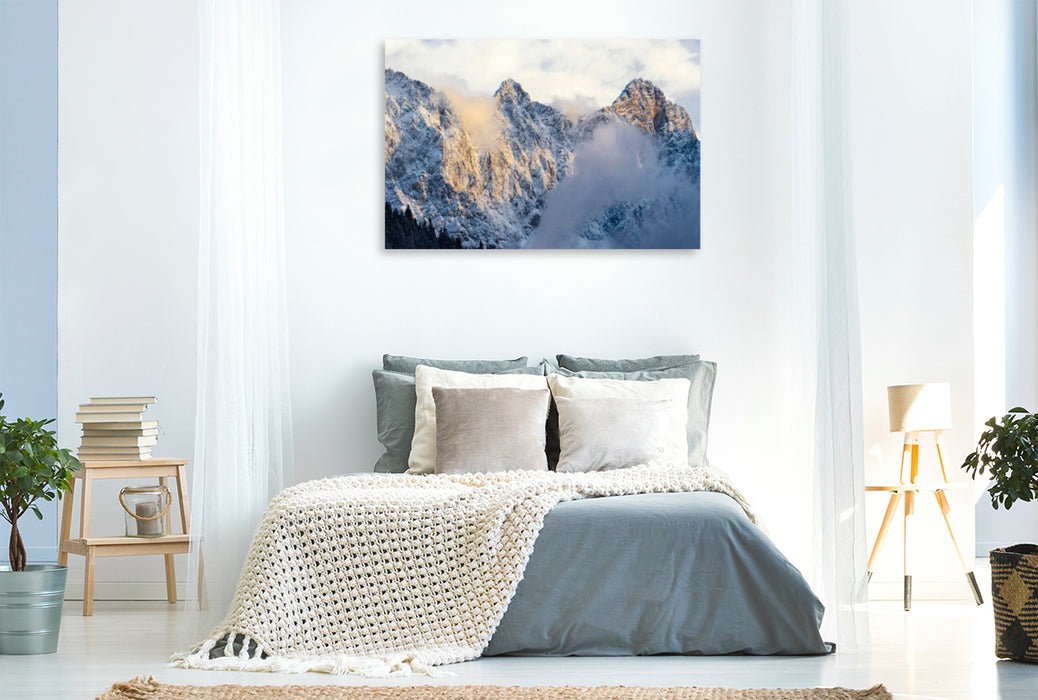 Premium Textil-Leinwand Premium Textil-Leinwand 120 cm x 80 cm quer Blick auf den Dachstein bei Sonnenuntergang