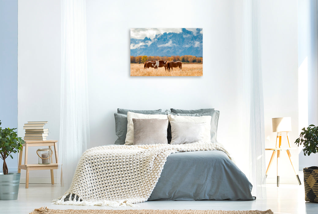 Toile textile haut de gamme Toile textile haut de gamme 120 cm x 80 cm Paysage Chevaux dans le parc national de Grand Teton 