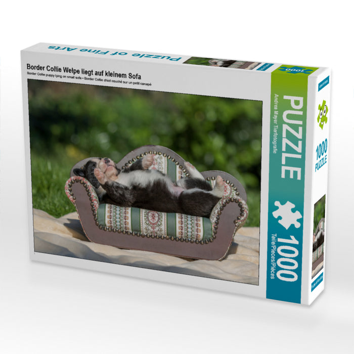 Border Collie Welpe liegt auf kleinem Sofa 1000 Teile Puzzle quer - CALVENDO Foto-Puzzle'