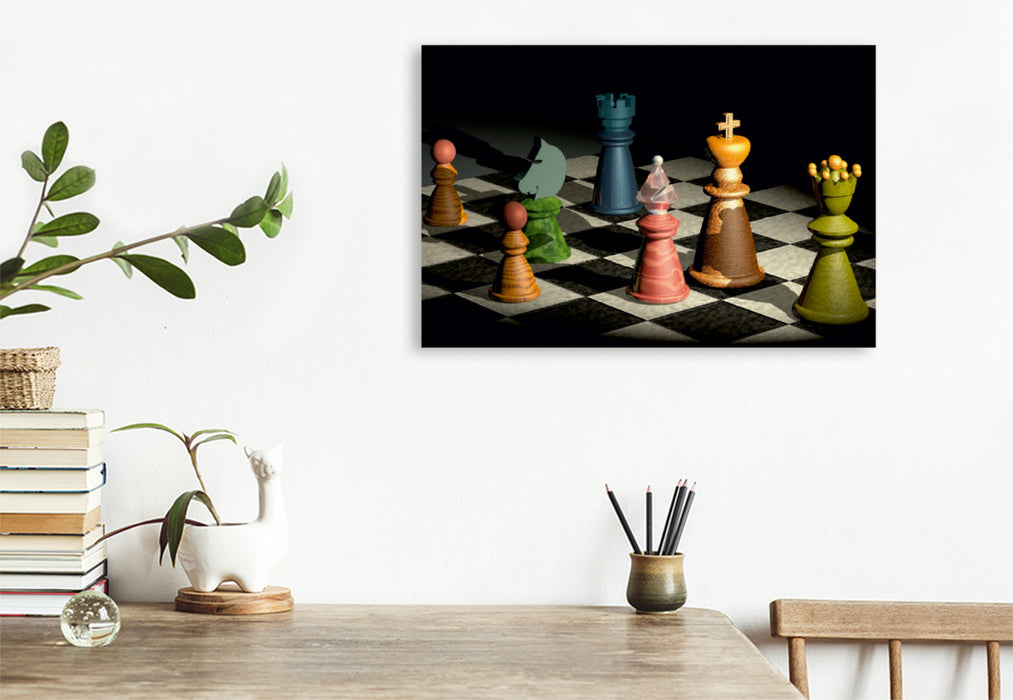 Premium Textil-Leinwand Premium Textil-Leinwand 120 cm x 80 cm quer Bunte Schachfiguren - Schach, Spiel der Könige