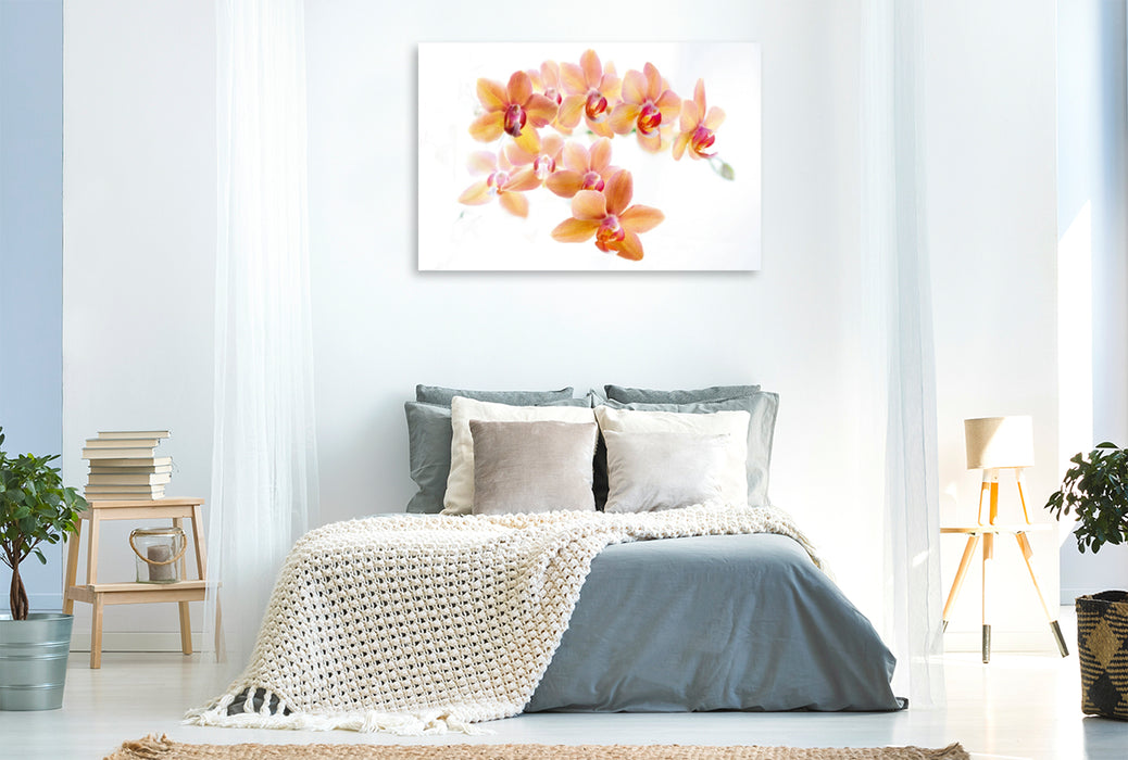 Toile textile haut de gamme Toile textile haut de gamme 120 cm x 80 cm paysage panicule d'orchidée Phalaenopsis en orange et rouge. 