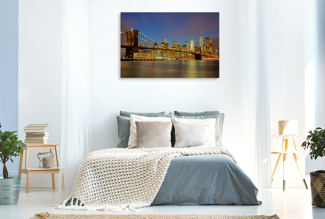 Premium Textil-Leinwand Premium Textil-Leinwand 120 cm x 80 cm quer Brooklyn Bridge mit Skyline bei Nacht