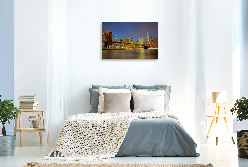 Premium Textil-Leinwand Premium Textil-Leinwand 120 cm x 80 cm quer Brooklyn Bridge mit Skyline bei Nacht