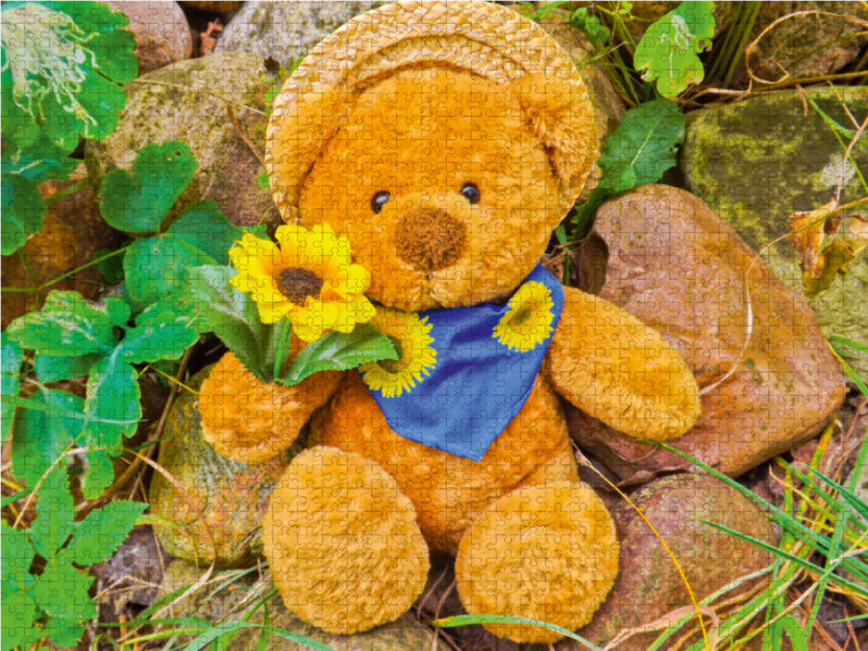 Teddybär mit Sonnenblume 2000 Teile Puzzle quer - CALVENDO Foto-Puzzle'
