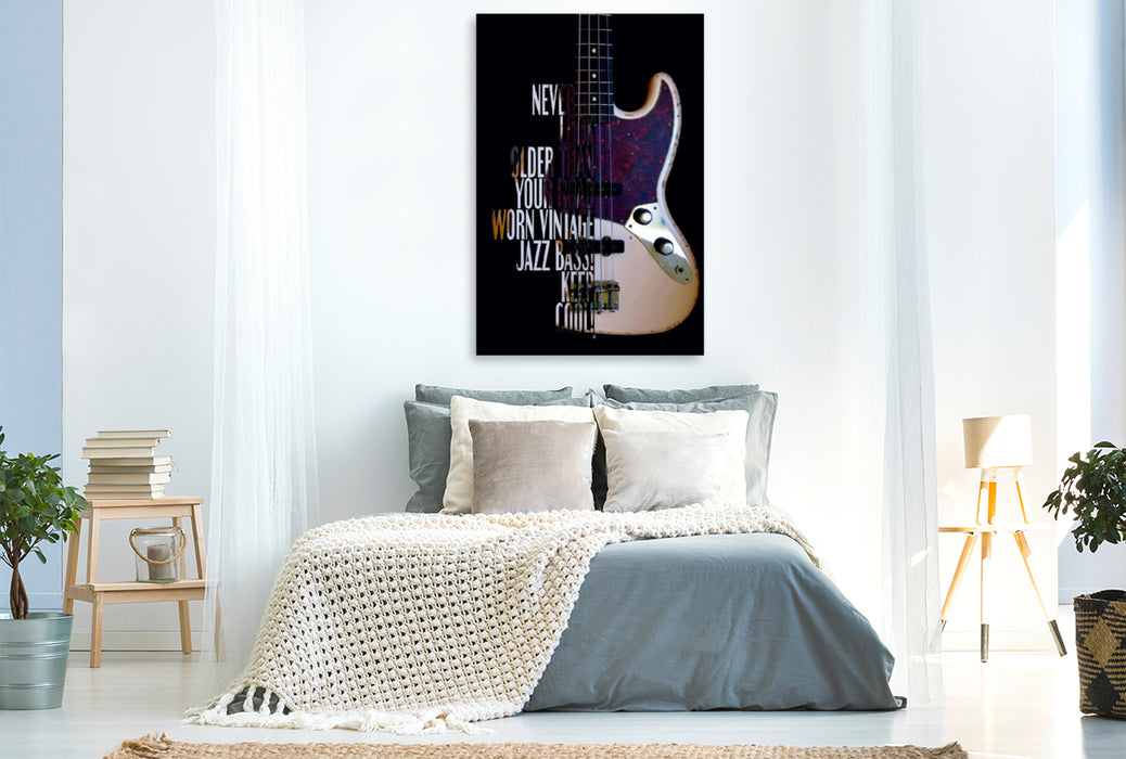 Toile textile haut de gamme Toile textile haut de gamme 80 cm x 120 cm de haut Jazz Bass, Road Worn avec inscription guitare 