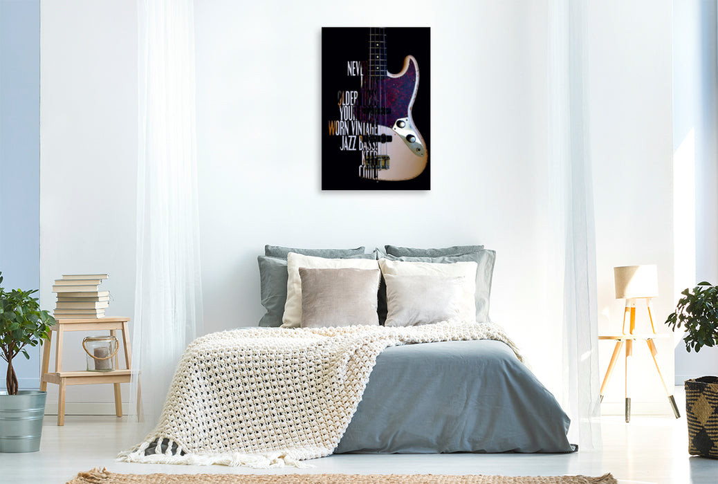 Premium Textil-Leinwand Premium Textil-Leinwand 80 cm x 120 cm  hoch Jazz Bass, Road Worn mit Gitarrenspruch