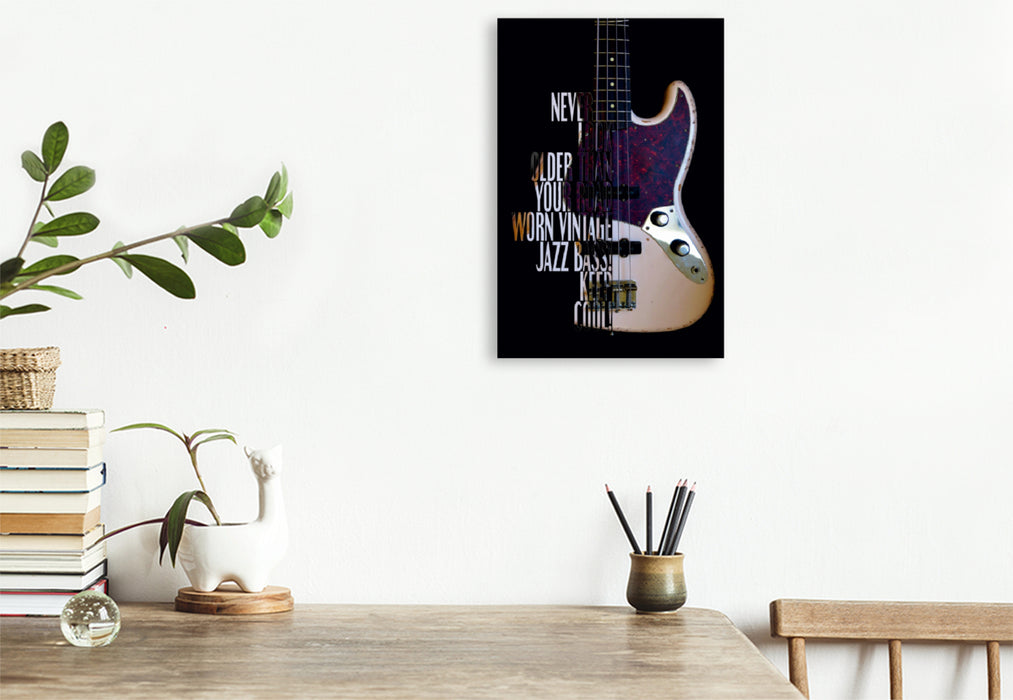 Toile textile haut de gamme Toile textile haut de gamme 80 cm x 120 cm de haut Jazz Bass, Road Worn avec inscription guitare 