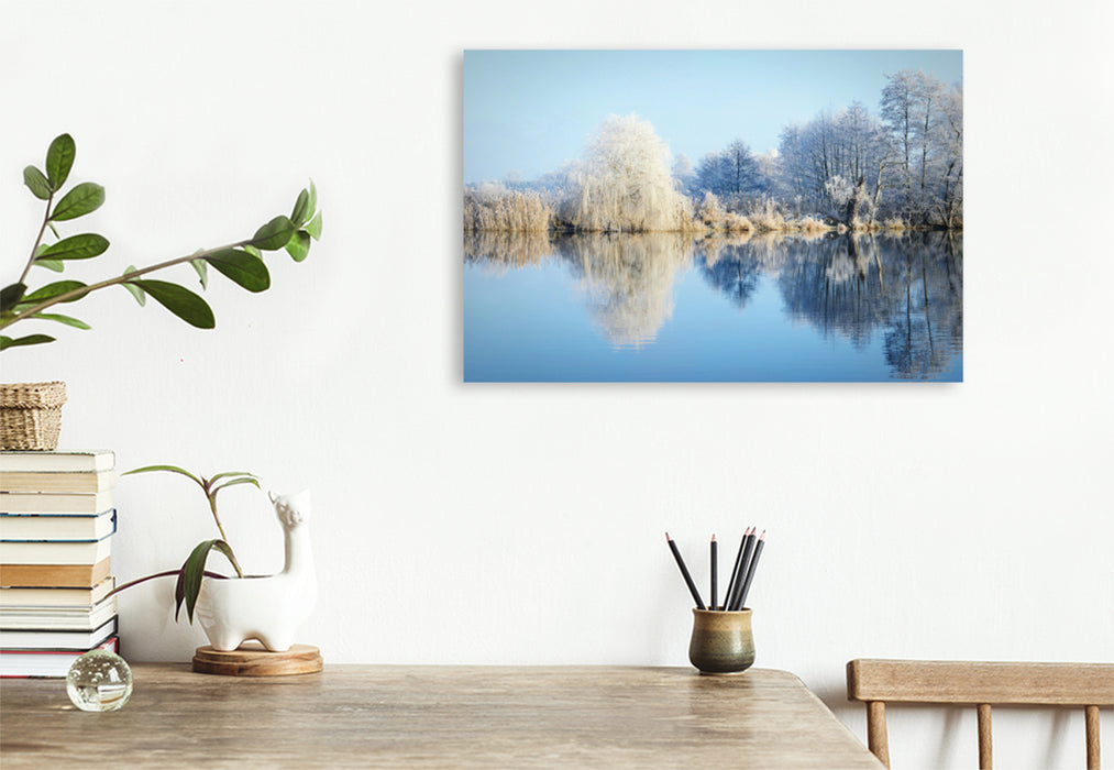 Premium Textil-Leinwand Premium Textil-Leinwand 75 cm x 50 cm quer Wasserspiegelung an der Havel. Winterlandschaft