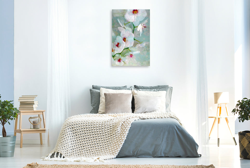 Premium Textil-Leinwand Premium Textil-Leinwand 60 cm x 90 cm hoch Weiß Blaue Orchidee