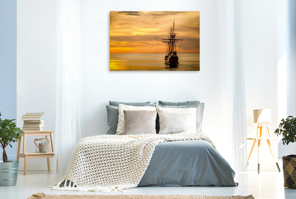 Toile textile premium Toile textile premium 120 cm x 80 cm paysage bateau au coucher du soleil 